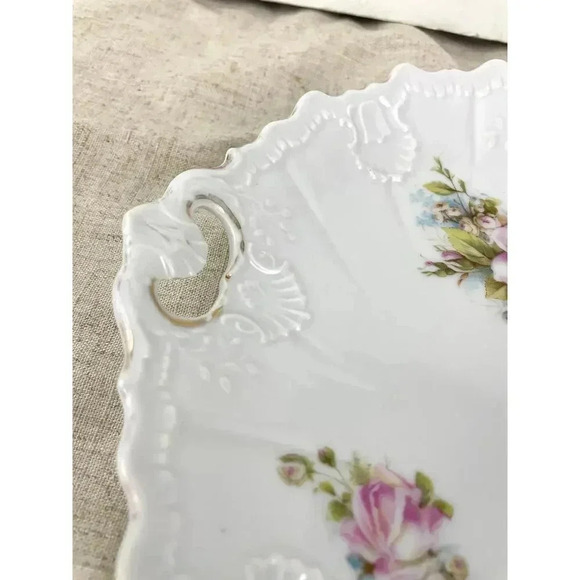 VTG Porcelain Pink Roses Floral Serving Plate With Handles Embossed Shabby Chic - Picture 3 of 11